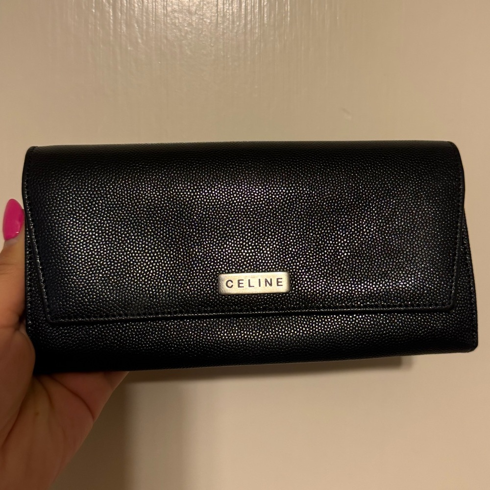 VINTAGE Celine Wallet Long Folded Plate Calf Leather